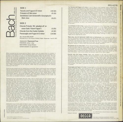 Leopold Stokowski Bach Transcriptions UK vinyl LP album (LP record